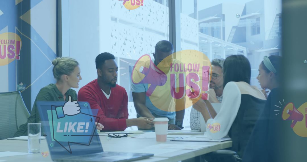 Diverse Team in Modern Office with Digital Social Media Concepts