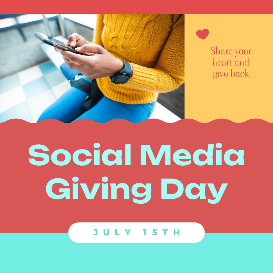 Social Media Giving Day Celebration Poster with Woman Using Smartphone - Download Free Stock Templates Pikwizard.com