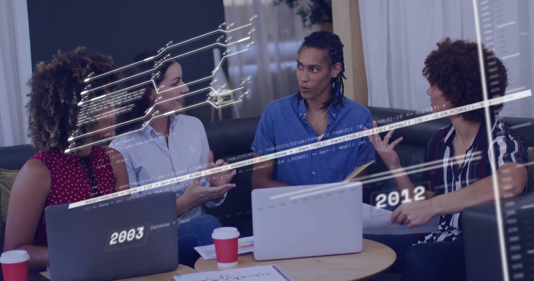 Team Collaboration in Office Lounge with Timeline Projection