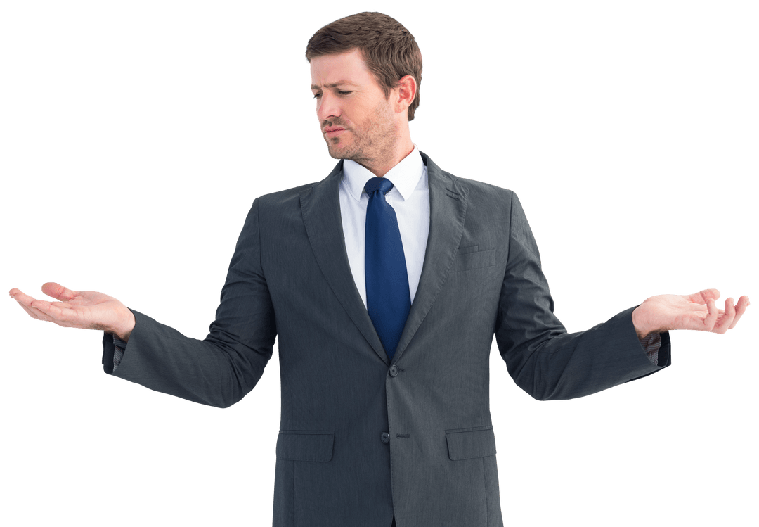 Businessman Conveying Uncertainty with Open Hands Transparent