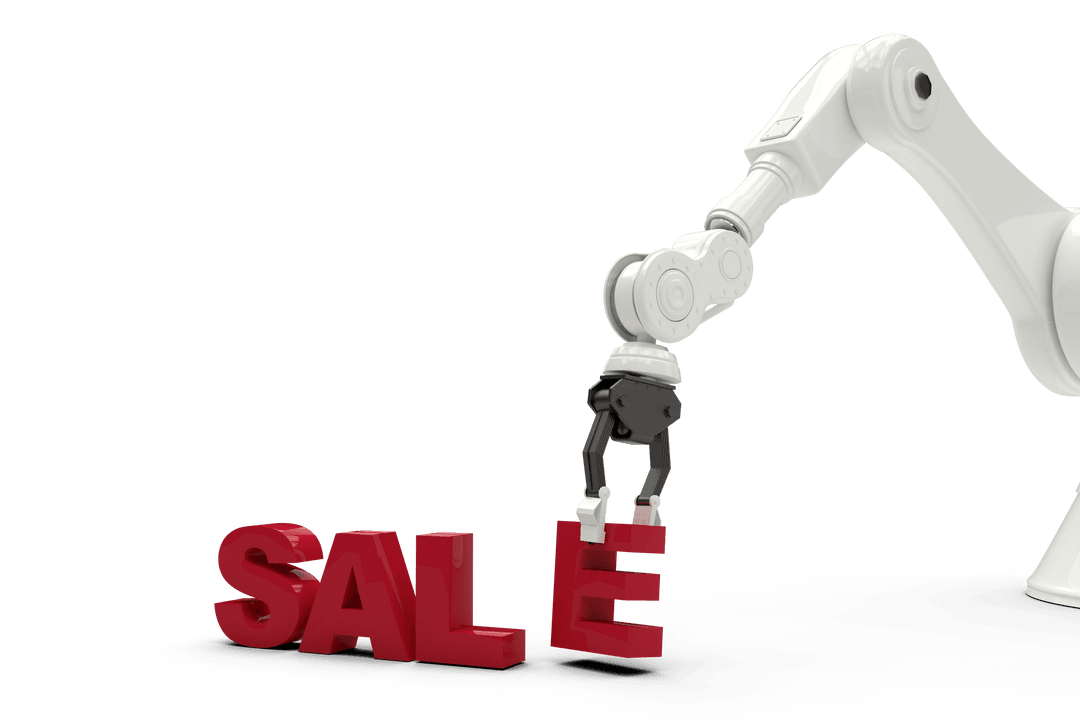 Robotic Arm Holding Letter E in SALE Word on Transparent Background