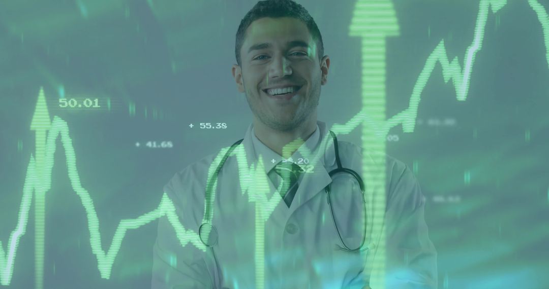 Smiling Doctor with Rising Financial Charts Visualizing Growth