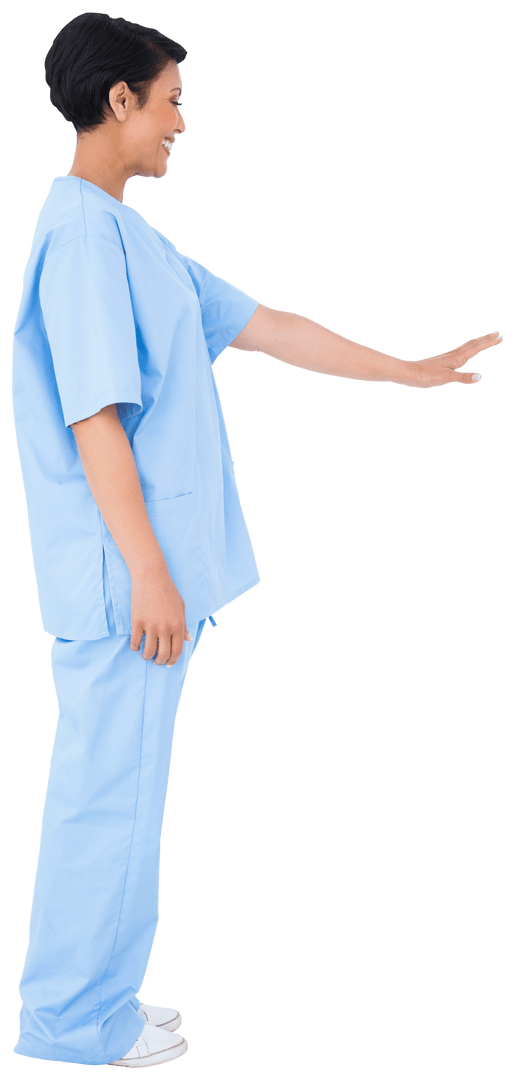 Smiling Biracial Female Doctor in Blue Scrubs on Transparent Background
