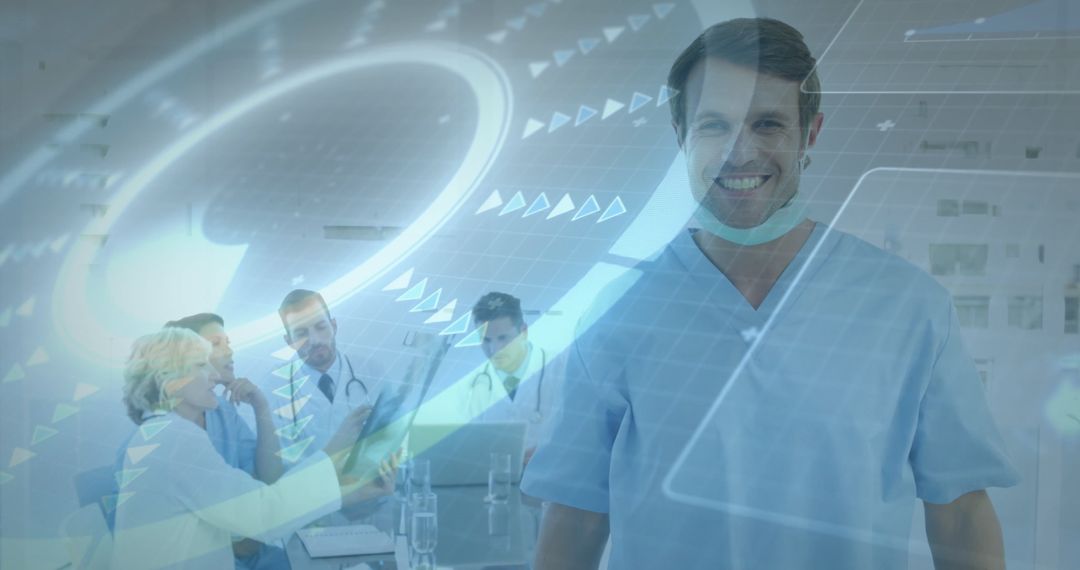 Smiling Healthcare Professional with Digital Interface and Medical Teamwork