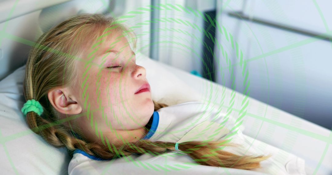 Resting child patient lying on hospital bed wearing gown with pillow and railing