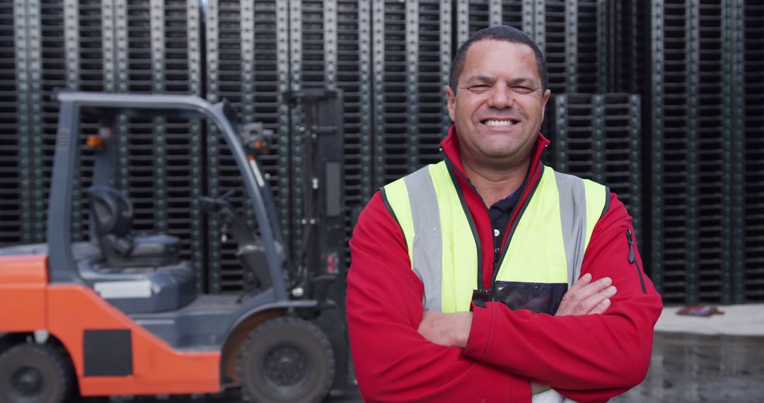 Smiling Warehouse Worker in High-Visibility Vest Standing in Front of Forklift - Free Images, Stock Photos and Pictures on Pikwizard.com