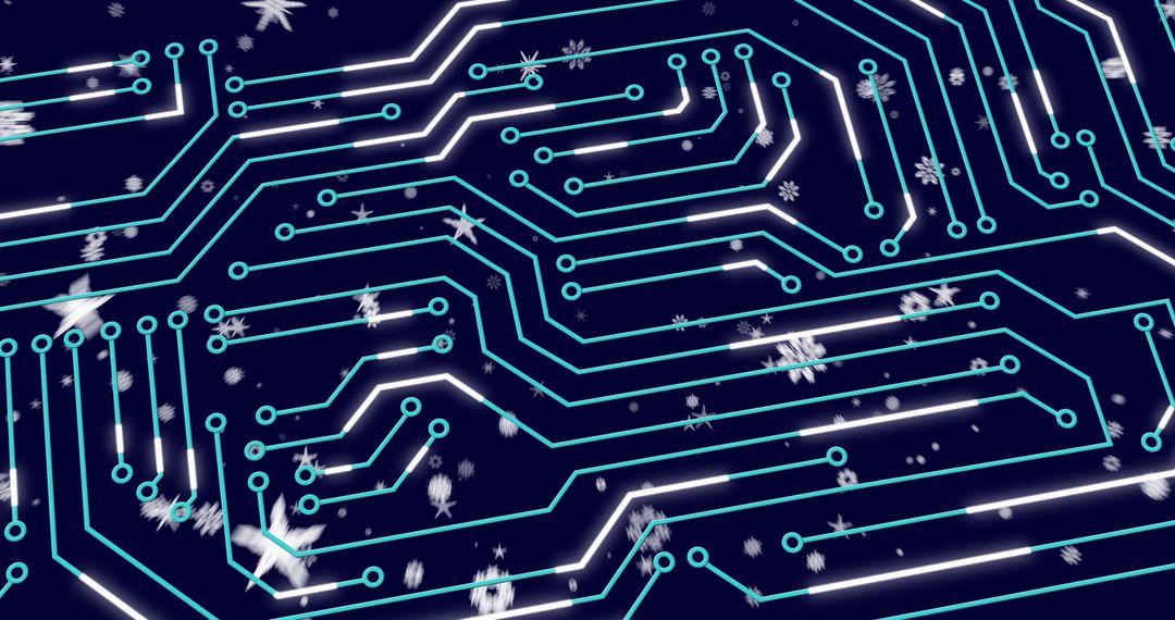 Digital Circuitry with Snowflake Elements on Blue Background