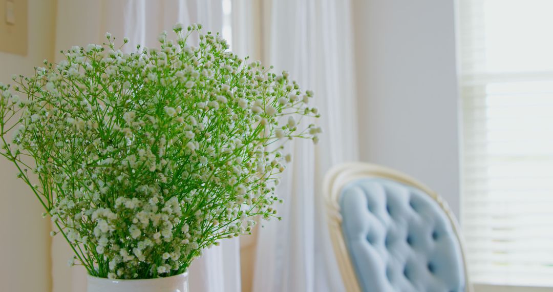 Elegant Home Interior with White Flowers in Vase and Blue Armchair Background - Free Images, Stock Photos and Pictures on Pikwizard.com