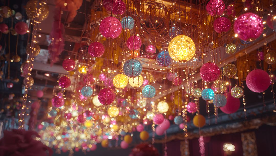 Colorful Spheres and Illuminated Fairy Lights in Festive Setting