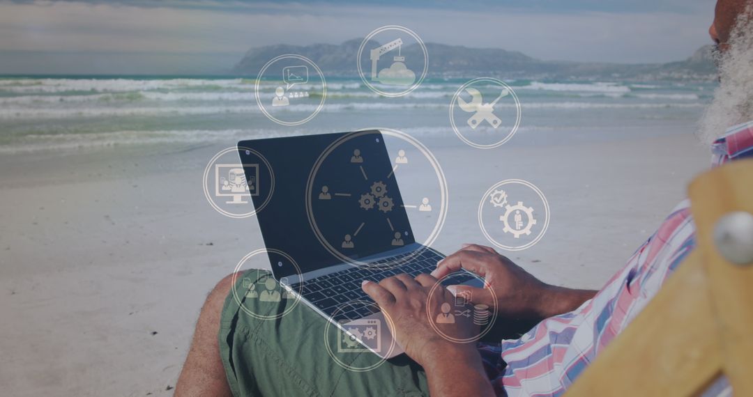 Senior Man Working Remotely on Beach with Technology Icons