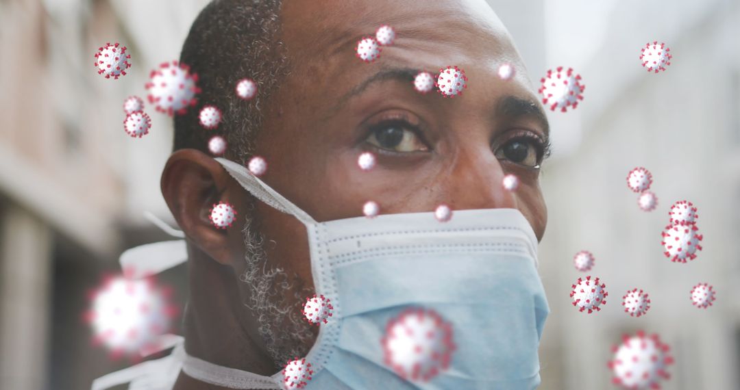 Man Wearing Mask Surrounded by Virus Particles Outdoors - Free Images, Stock Photos and Pictures on Pikwizard.com