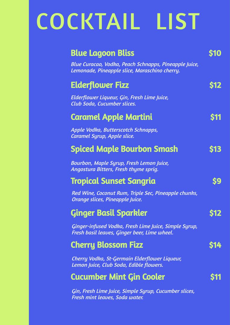 Vibrant Cocktail Menu with Colorful Drink Options - Download Free Stock Templates Pikwizard.com