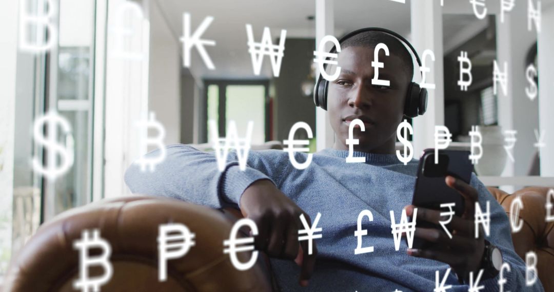 Man Using Smartphone with Floating Currency Symbols