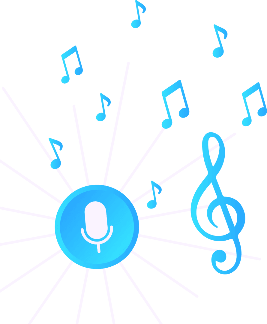 Blue Microphone Button with Music Notes Float on Transparent Background