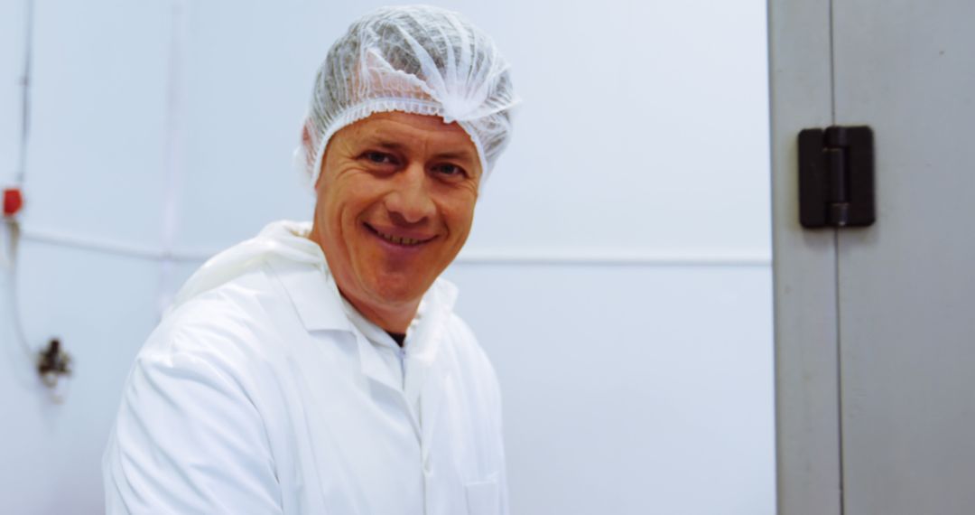 Smiling Scientist Wearing Lab Coat and Hairnet in Laboratory - Free Images, Stock Photos and Pictures on Pikwizard.com