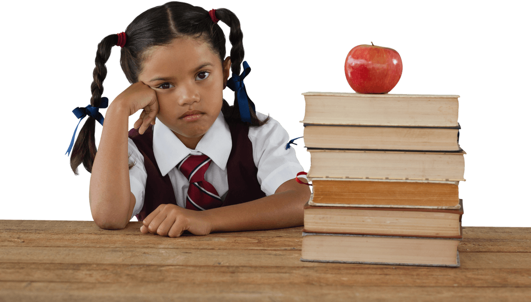 Bored Schoolgirl Sits by Books and Apple Expressionless
