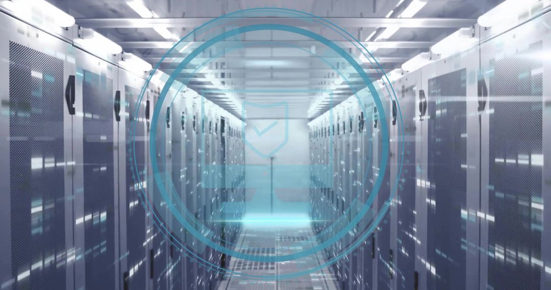 Futuristic Data Center with Holographic Security Shield Icon