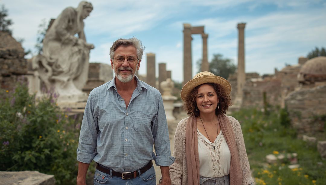 Smiling mature couple exploring ancient ruins with classical columns and statue