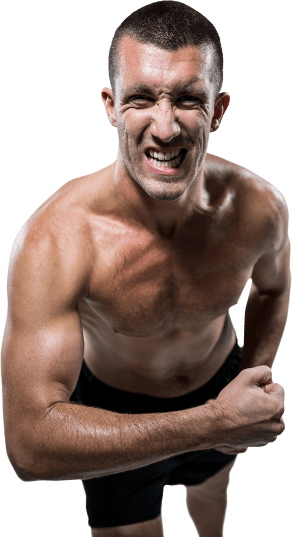 Transparent Background Excited Athlete Flexing Muscles with Intense Expression
