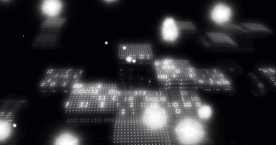 Glowing circuit boards with binary code in dark futuristic scene