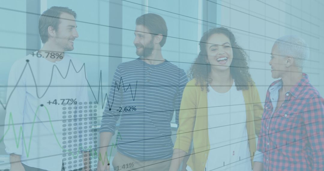 Professionals Discussing Data with Overlapping Digital Graphs