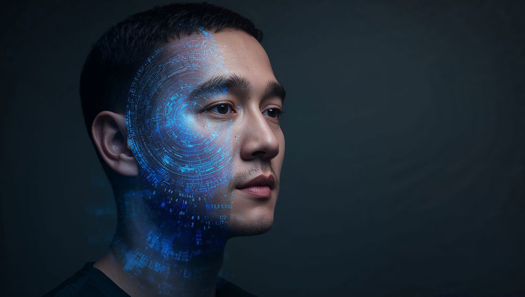 Asian Man Wearing Holographic HUD Showing Biometric AI Face Scan, Futuristic Portrait