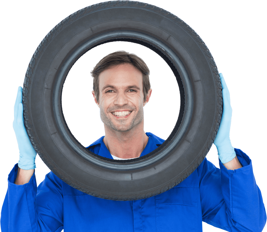 Confident Mechanic Holding Car Tire Looking Through with Transparent Effect