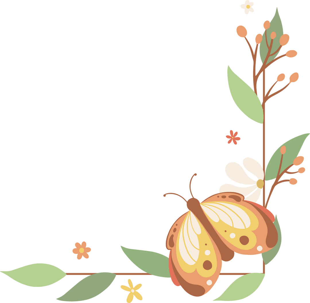 Stylized Butterfly on Botanical Floral Background with Transparency