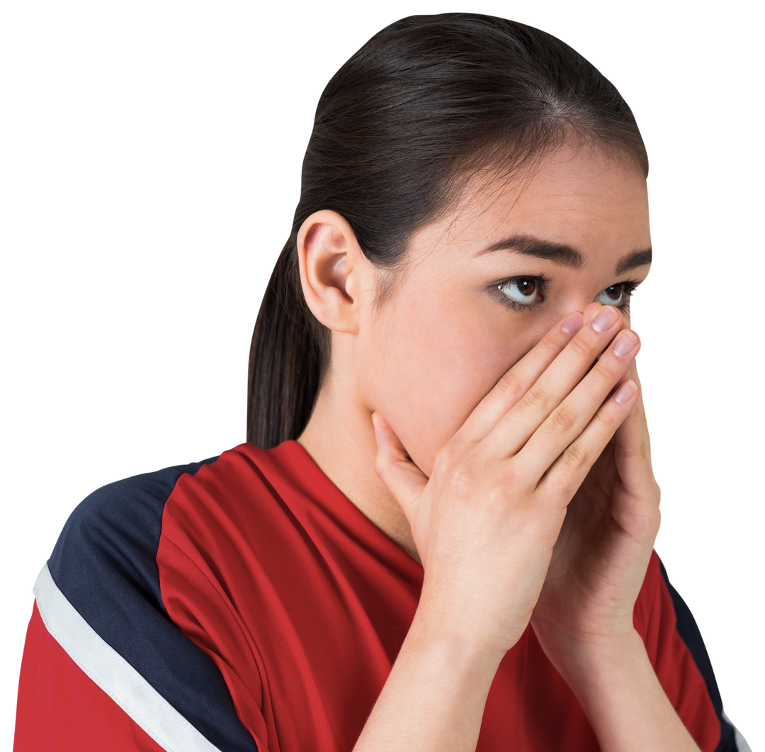 Transparent image of nervous female football fan wearing red jersey with hands covering mouth - Download Free Stock Images Pikwizard.com