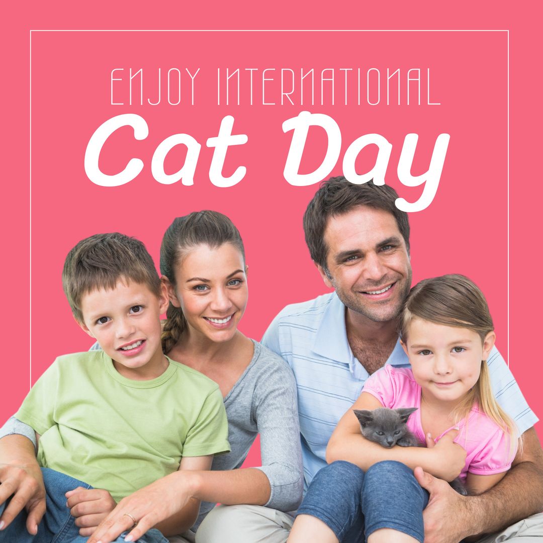 Happy Family Celebrating International Cat Day with Adorable Kitten