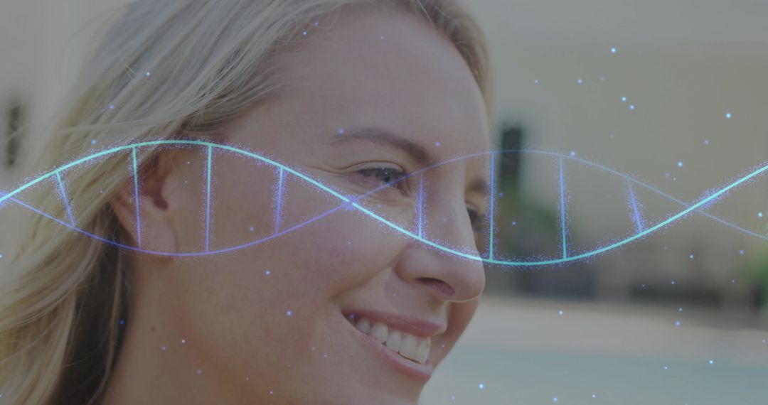 Smiling Woman with Digital DNA Strand Conceptual Overlay