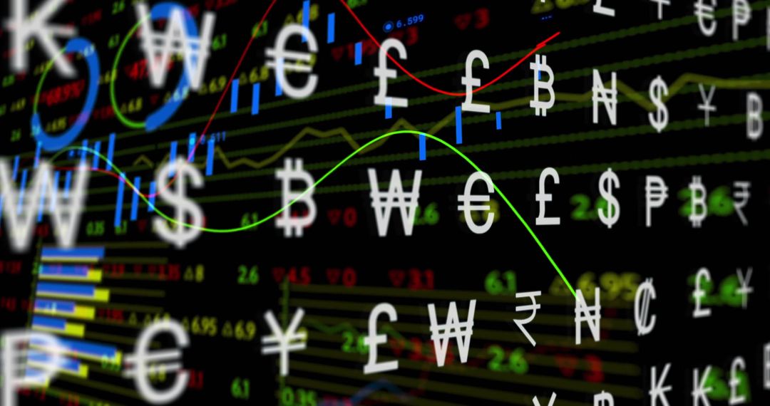 Currency Symbols Overlay on Dynamic Financial Dashboard