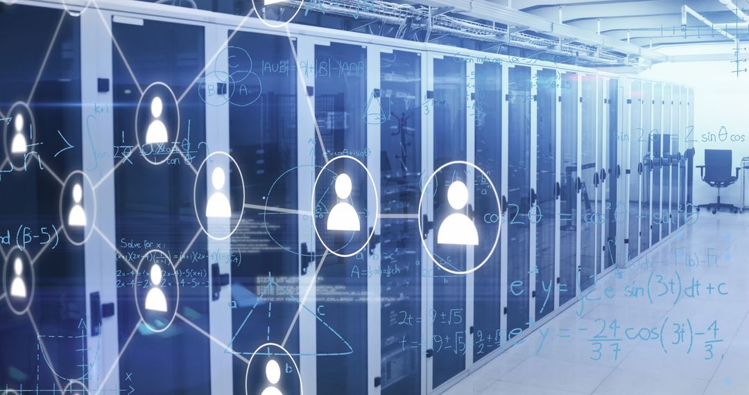 Digital Interface Displayed Over High-Tech Server Room