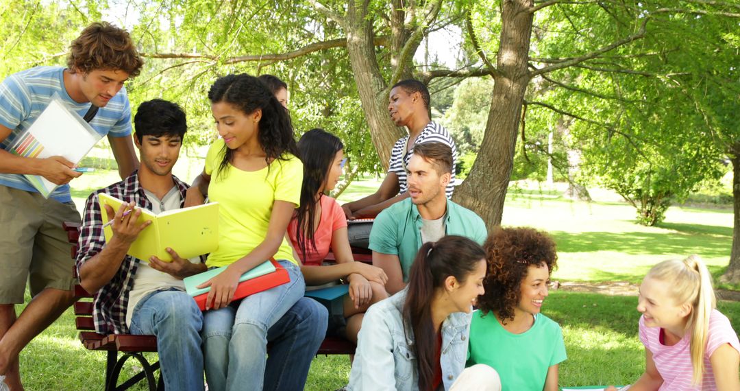 Diverse Students Socializing Outdoors in Sunlit Campus Park - Free Images, Stock Photos and Pictures on Pikwizard.com