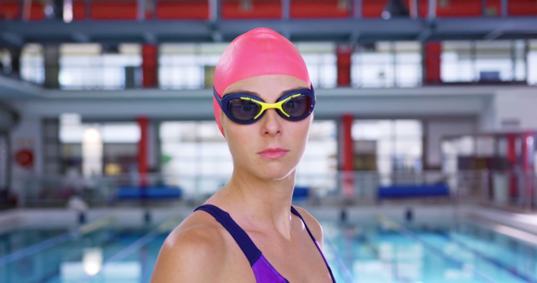 Confident Female Swimmer With Pink Swim Cap and Goggles in Indoor Pool - Free Images, Stock Photos and Pictures on Pikwizard.com