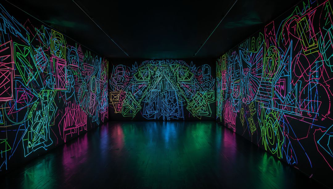 Immersive Neon Geometric Line Mural Wrapping Dark Gallery with Reflective Polished Floor