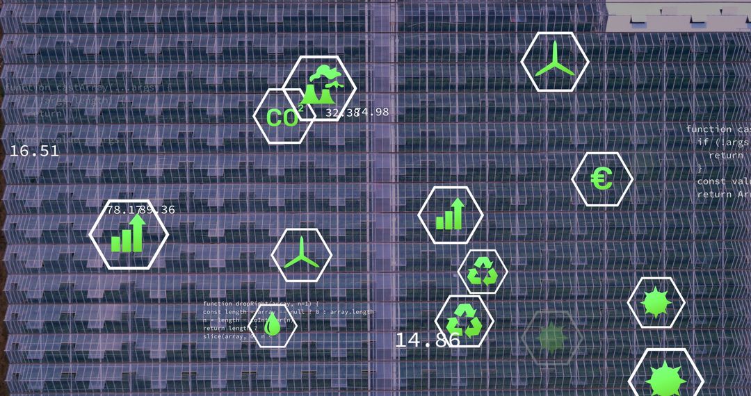 Digital Eco Icons Overlaid on Blue Solar Panels for Globar Energy Insight