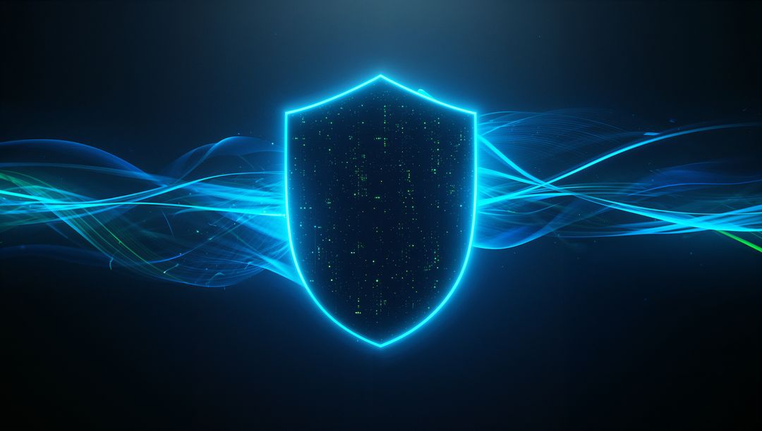 Glowing Neon Blue Shield Representing Cybersecurity