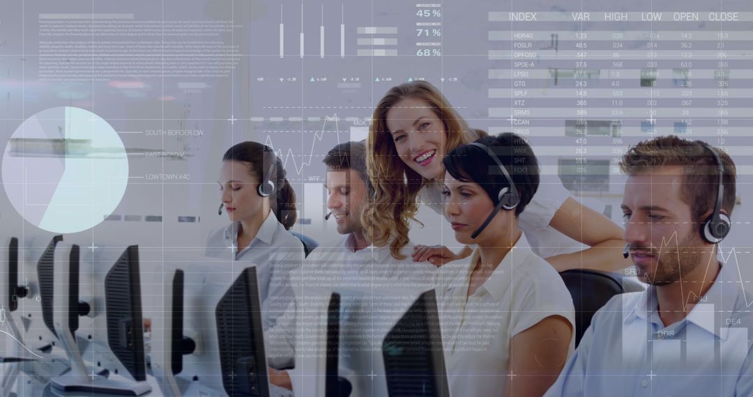 Call Center Team Engaging with Financial Data Visualization