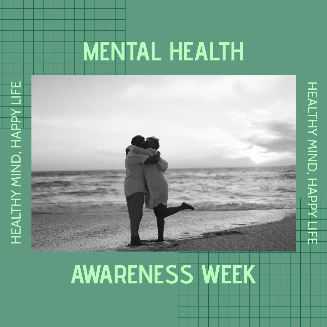 Senior Couple Hugging on Beach Promoting Mental Health Awareness