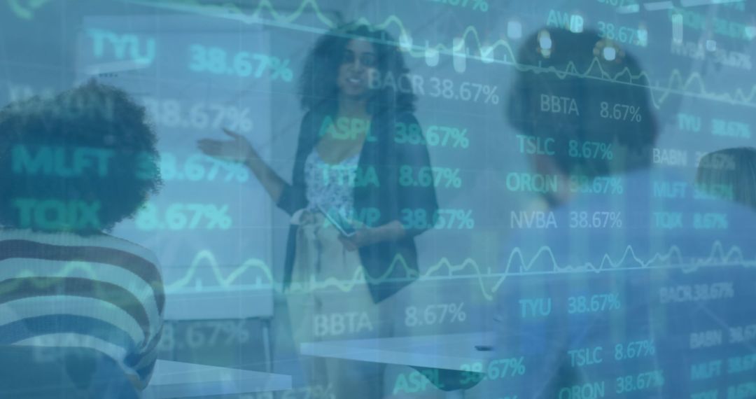 Business Team Analyzing Financial Data with Futuristic Overlay