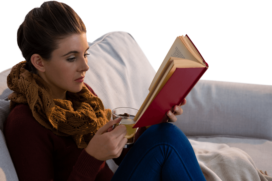 Transparent Young Woman Reading with Tea on Couch