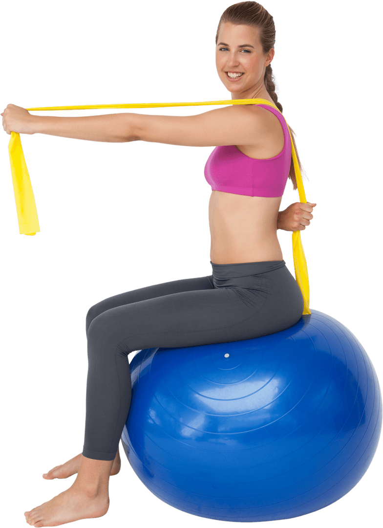 Smiling Woman Exercising on Fitness Ball with Resistance Band Transparent