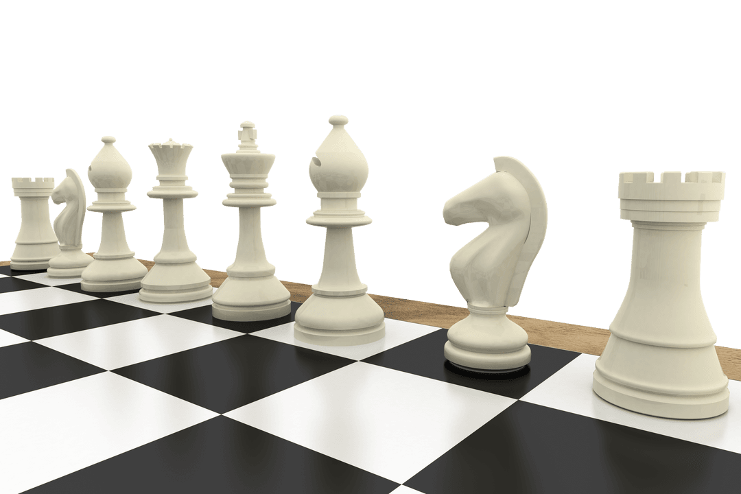 White Chess Pieces Arranged on Transparent Chessboard