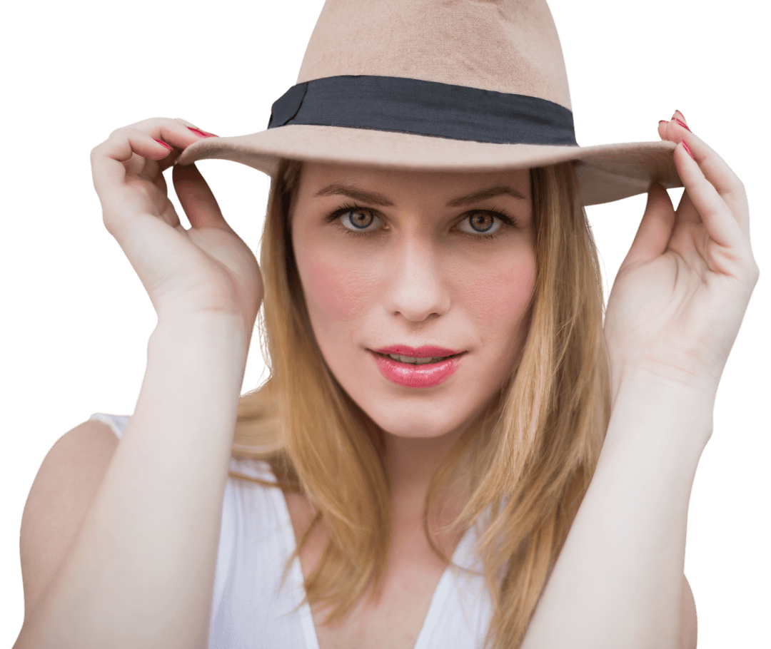 Stylish Caucasian Woman Wearing Hat on Transparent Background