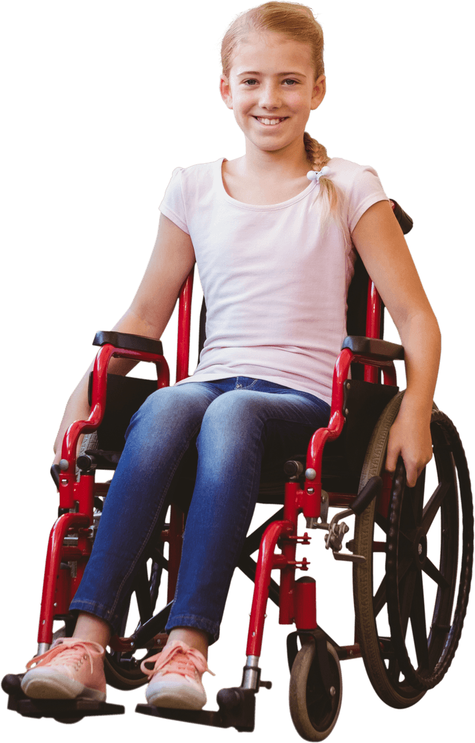 Smiling Young Girl Sitting in Red Wheelchair on Transparent Background