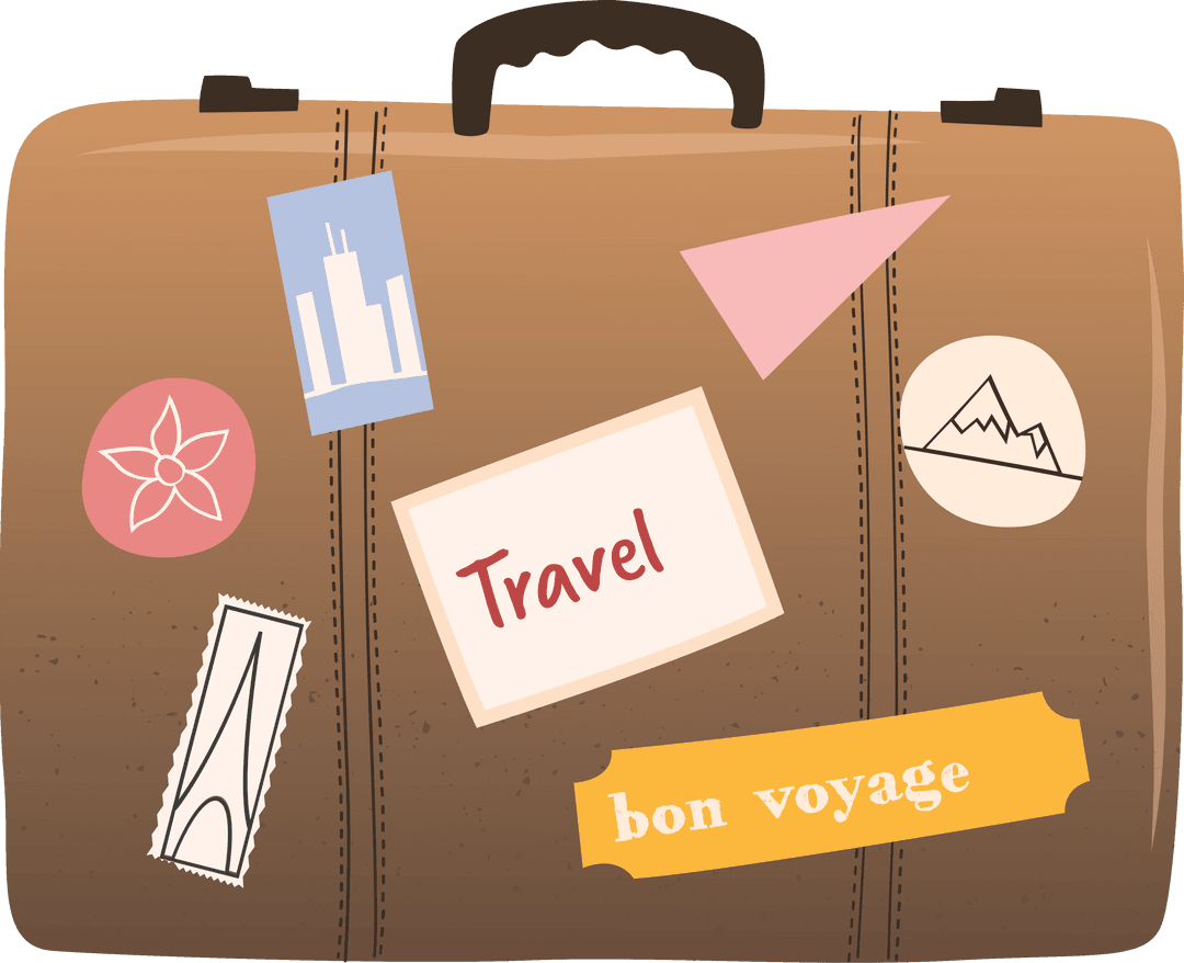 Retro Travel Suitcase with Vintage Stickers on Transparent Background