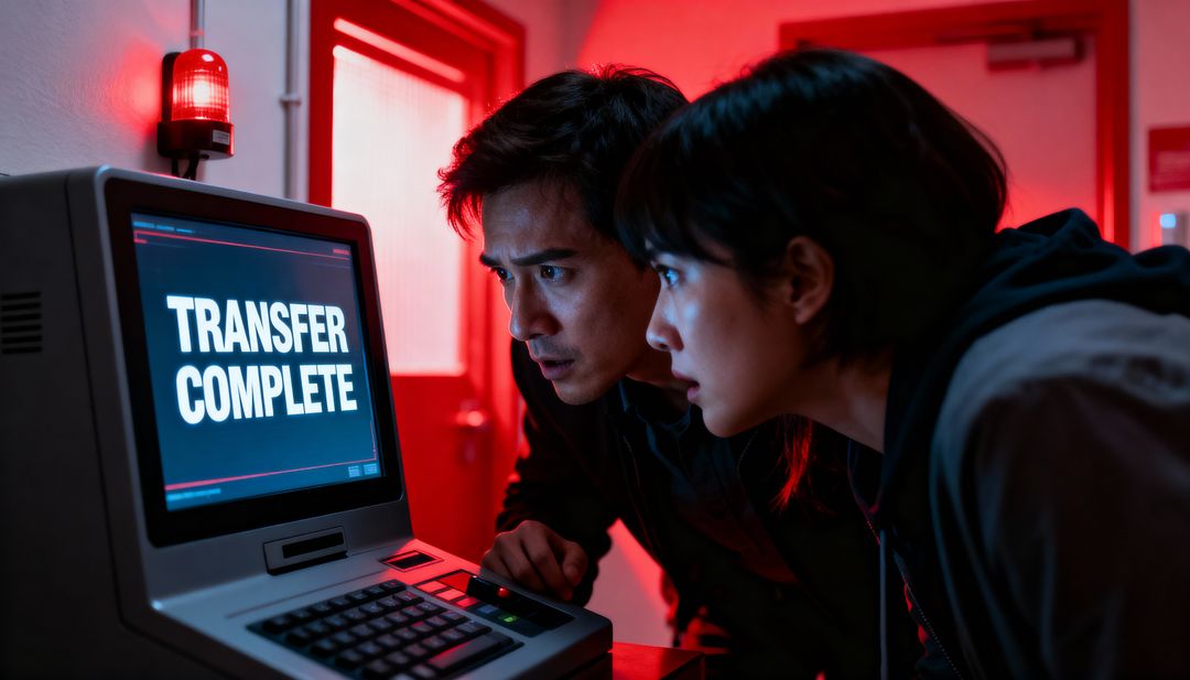 Retro Terminal 'TRANSFER COMPLETE' on CRT with Two Technicians Under Red Alarm