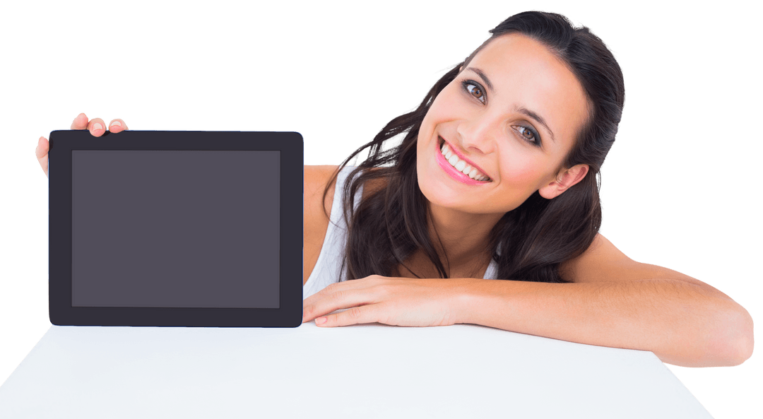 Smiling Woman Holding Transparent Tablet Display on White Background