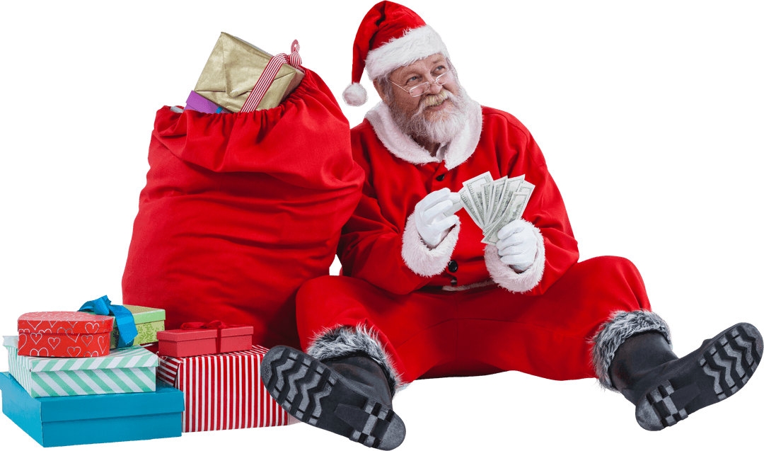Santa Claus Counting Money with Gifts on Transparent Background